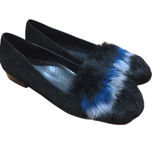 VANELi Edel Flats Black Suede Blue Gray Rabbit Fur Trim Shoes 8.5 Comfort Loafer